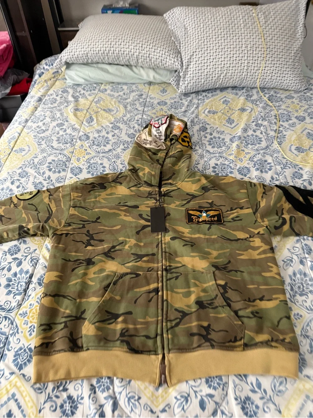 Godspeed Mens Camo Zip-Up Hoodie Jacket with Patch Detail - Green